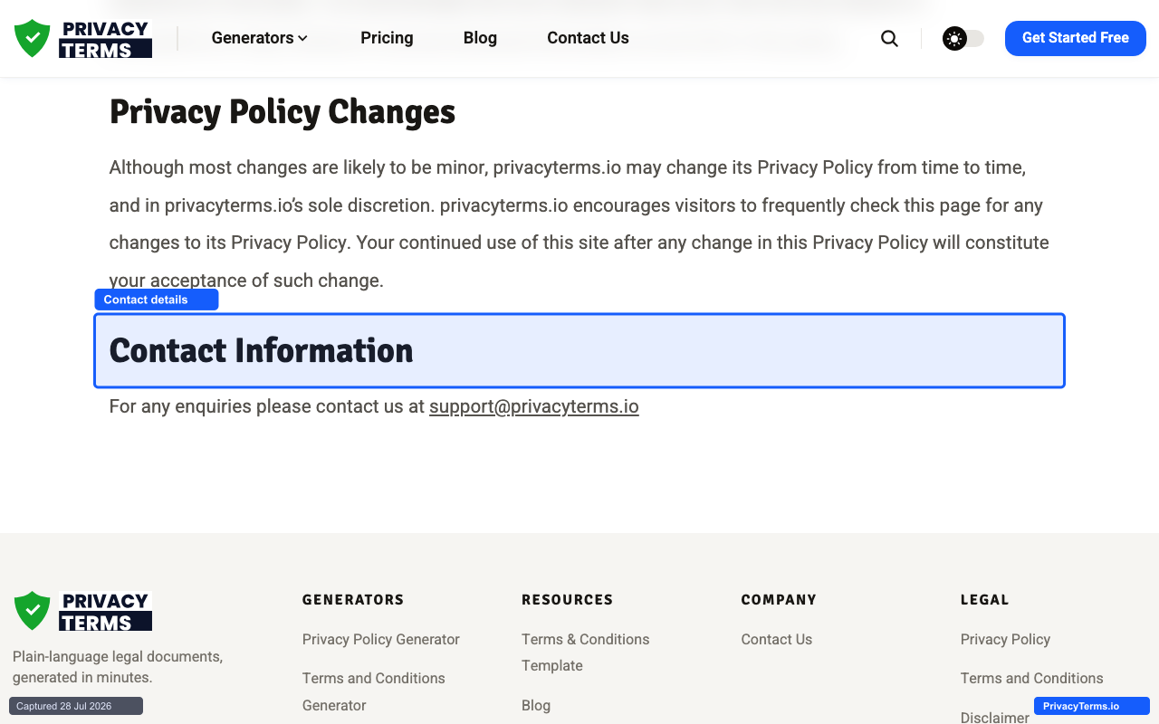 The Contact Information section at the end of the privacy policy