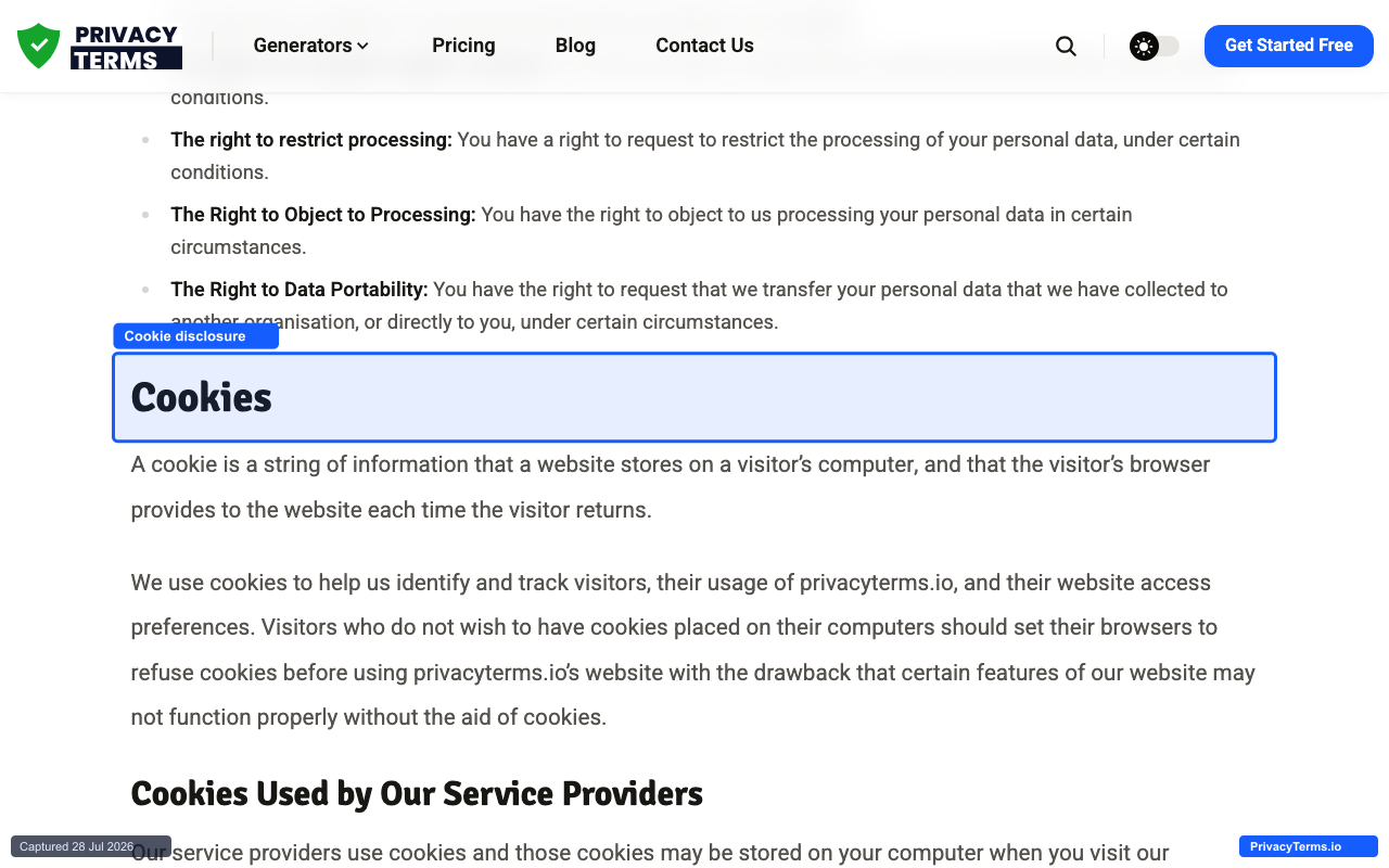 The Cookies section, including the Google Analytics service-provider disclosure