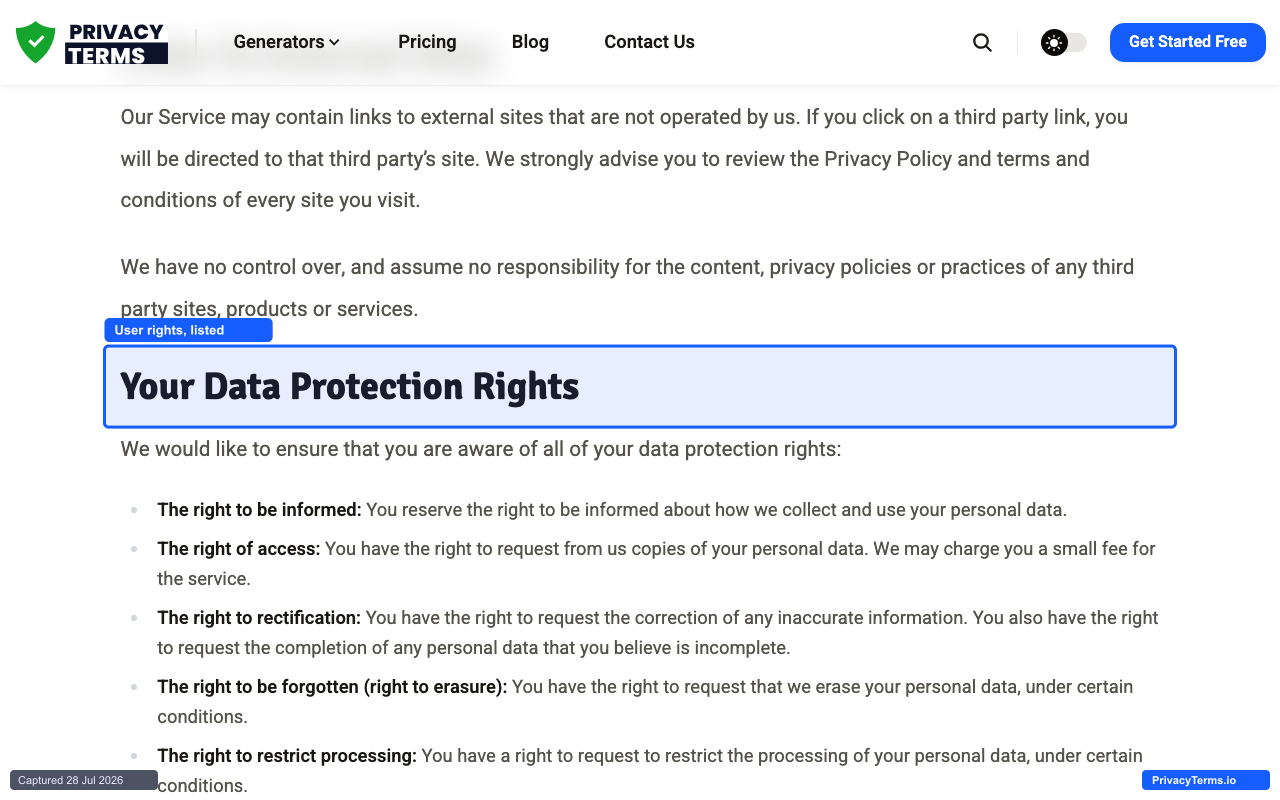 The Your Data Protection Rights section, listing each GDPR right individually