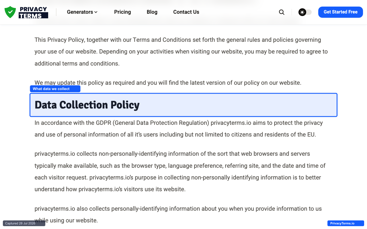 The Data Collection Policy section of PrivacyTerms.io's privacy policy, highlighted