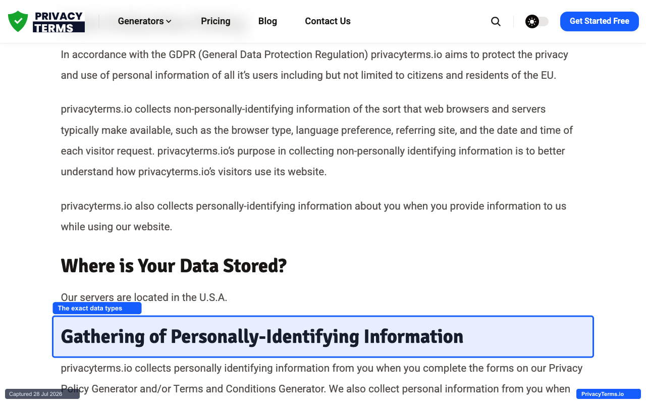 The Gathering of Personally-Identifying Information section, listing exact data types collected