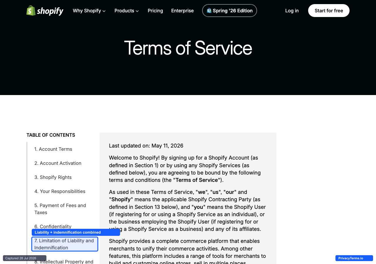 Shopify's Terms of Service table of contents, with Limitation of Liability and Indemnification combined into one section