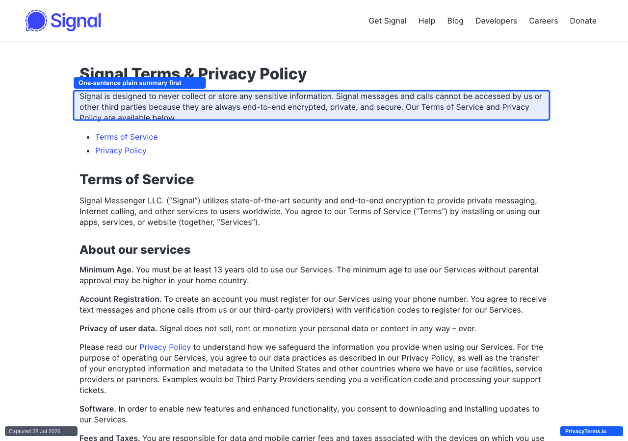 Signal's combined Terms & Privacy Policy page opening with a one-sentence plain-language summary