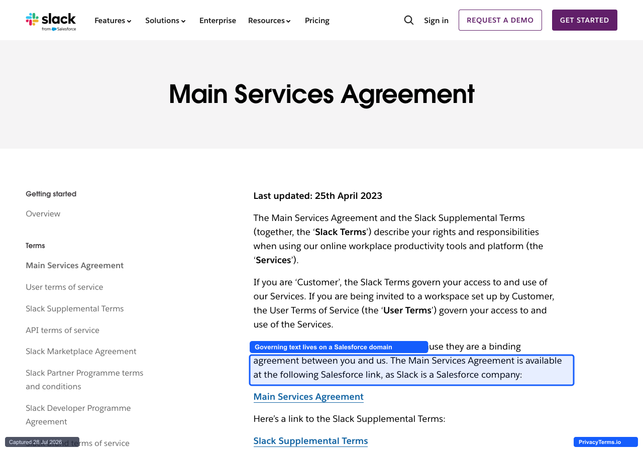 Slack's Main Services Agreement page, pointing to a Salesforce-hosted contract