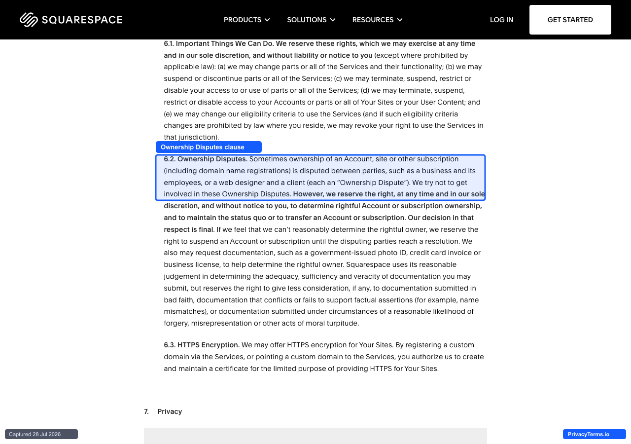 Squarespace's Terms of Service page showing its Ownership Disputes clause (Section 6.2)
