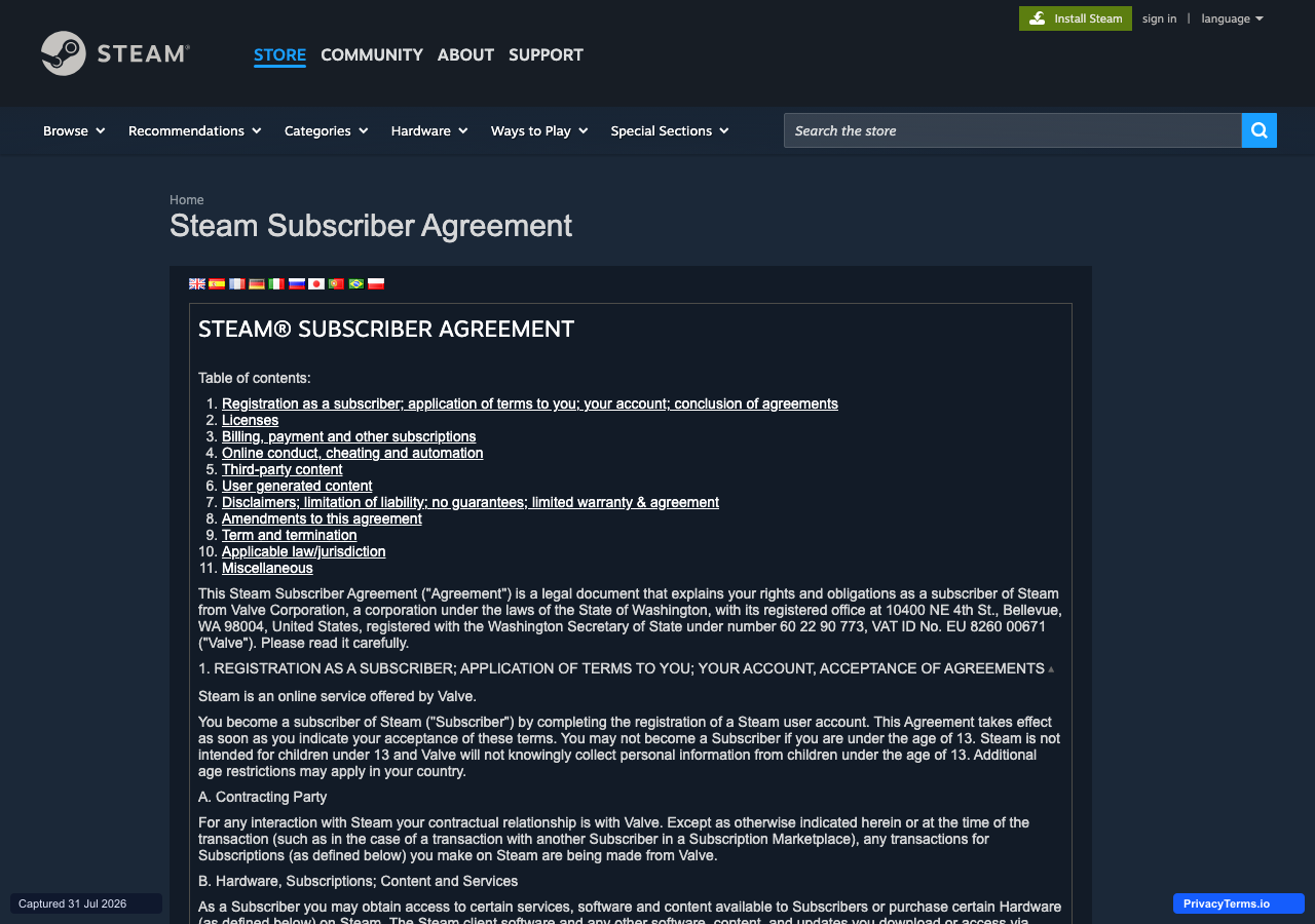 Steam Subscriber Agreement, showing the numbered table of contents and Valve's registered entity details