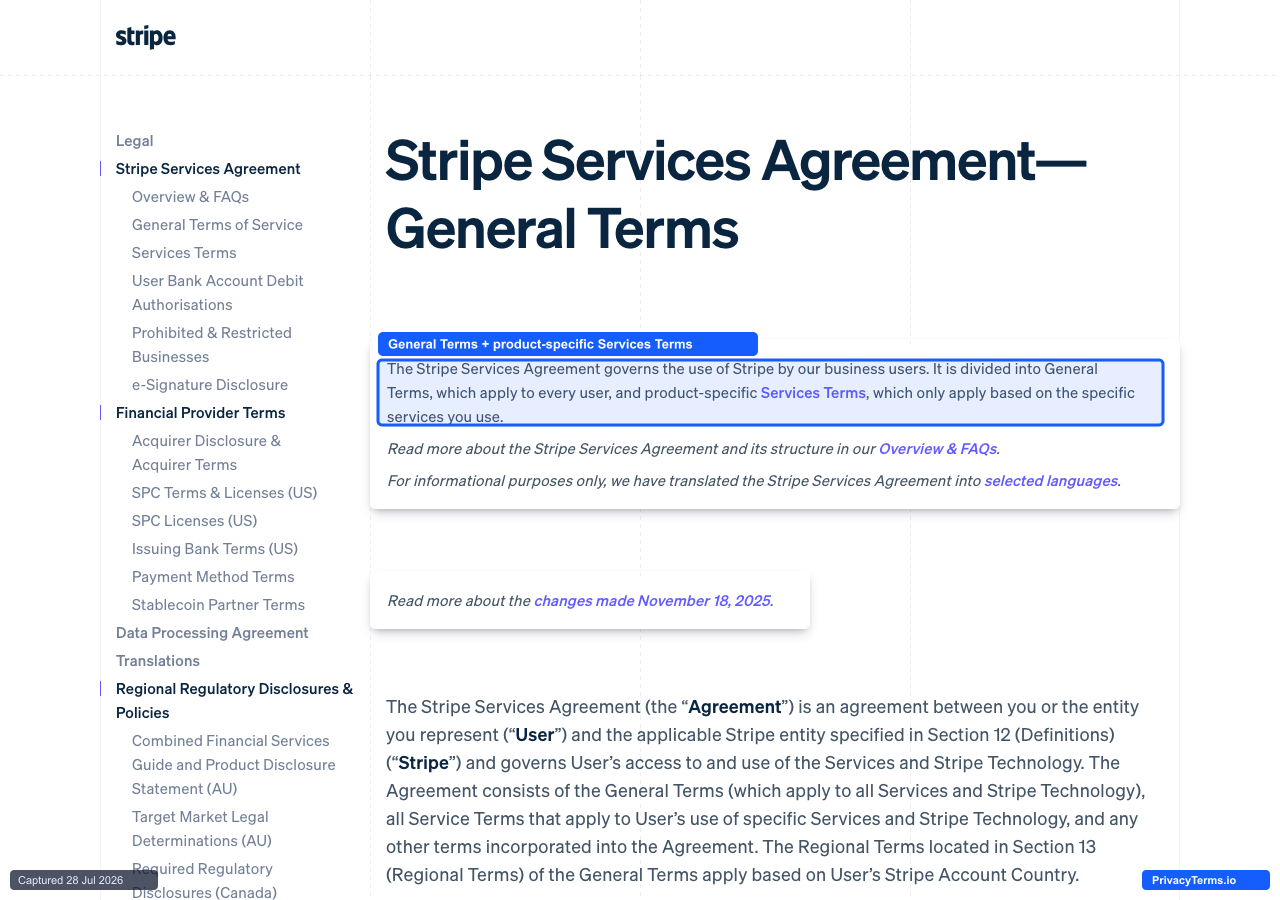 Stripe's Services Agreement overview explaining the split between General Terms and product-specific Services Terms