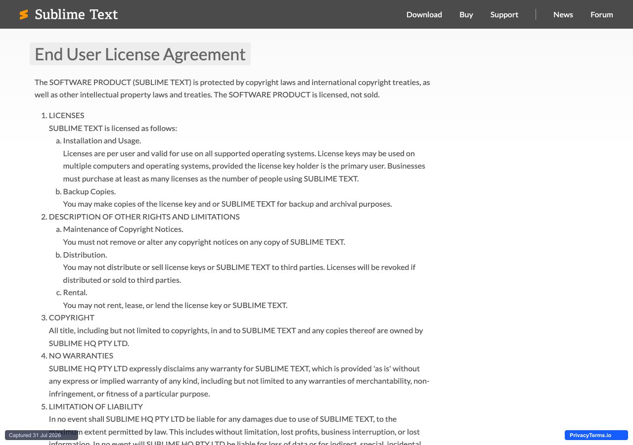 Sublime Text's EULA, a compact single-page license agreement covering licenses, backup copies, distribution, copyright, and warranty