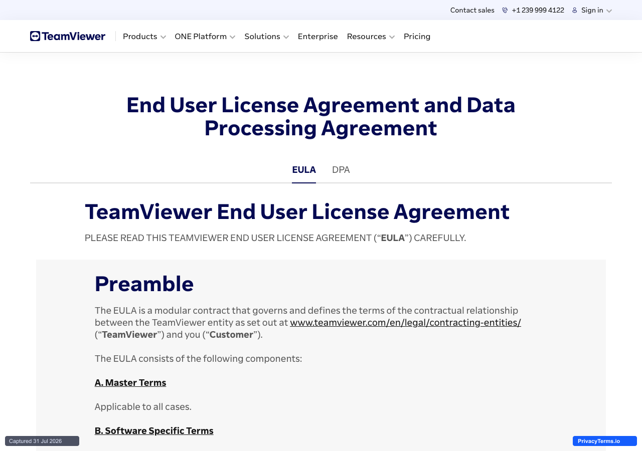 TeamViewer's combined EULA and DPA page, with EULA and DPA tabs and a Preamble describing the agreement's modular Master Terms and Software Specific Terms