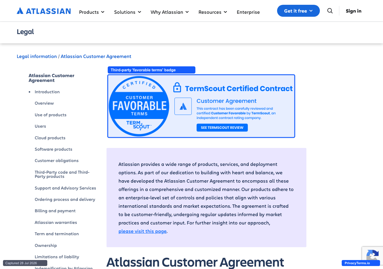 The Atlassian Customer Agreement covering Trello, with its TermScout 'Customer Favorable' certification badge