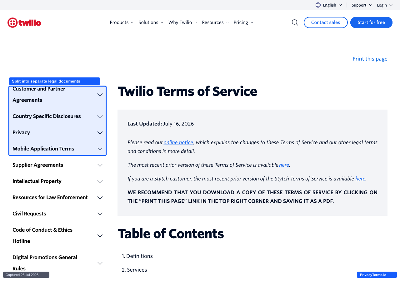 Twilio's Terms of Service page, with the sidebar's separate legal-document categories highlighted