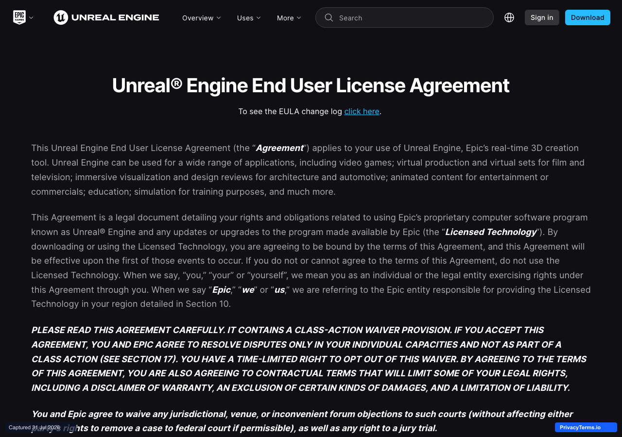 Unreal Engine's EULA, with a link to a versioned change log and a bolded class-action waiver notice