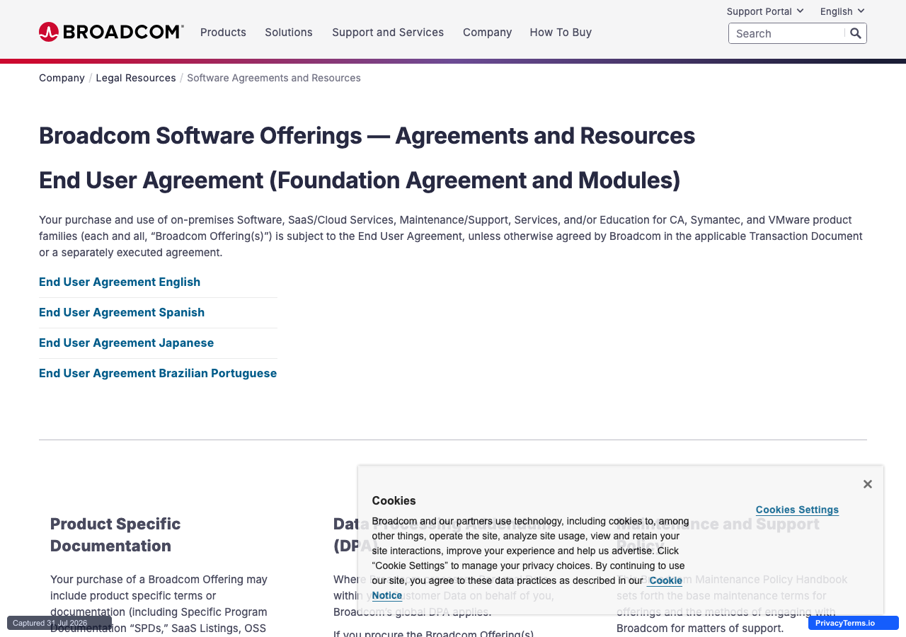 Broadcom's Software Offerings Agreements and Resources page, covering CA, Symantec, and VMware product families under one End User Agreement