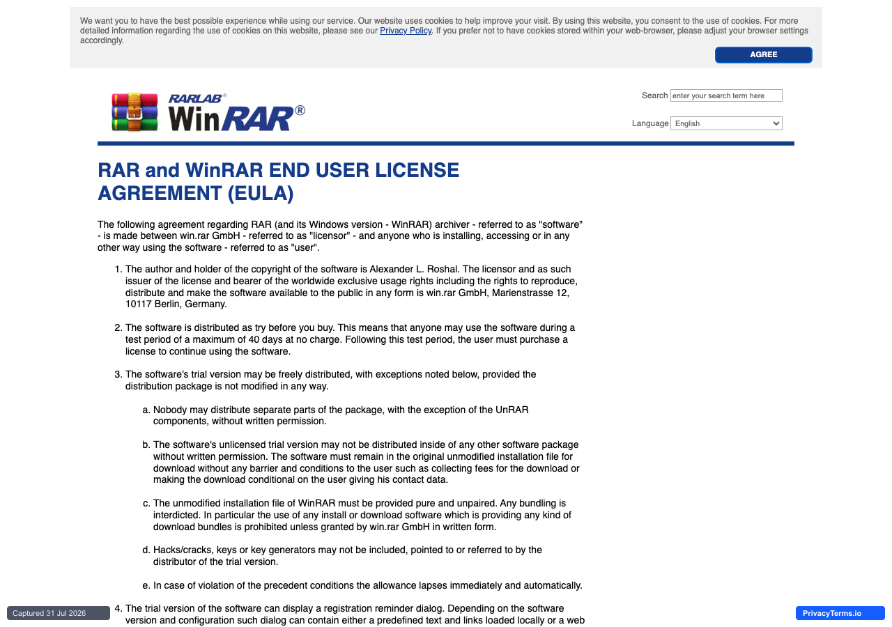 WinRAR's EULA, showing the 40-day trial period and the anti-bundling distribution rules