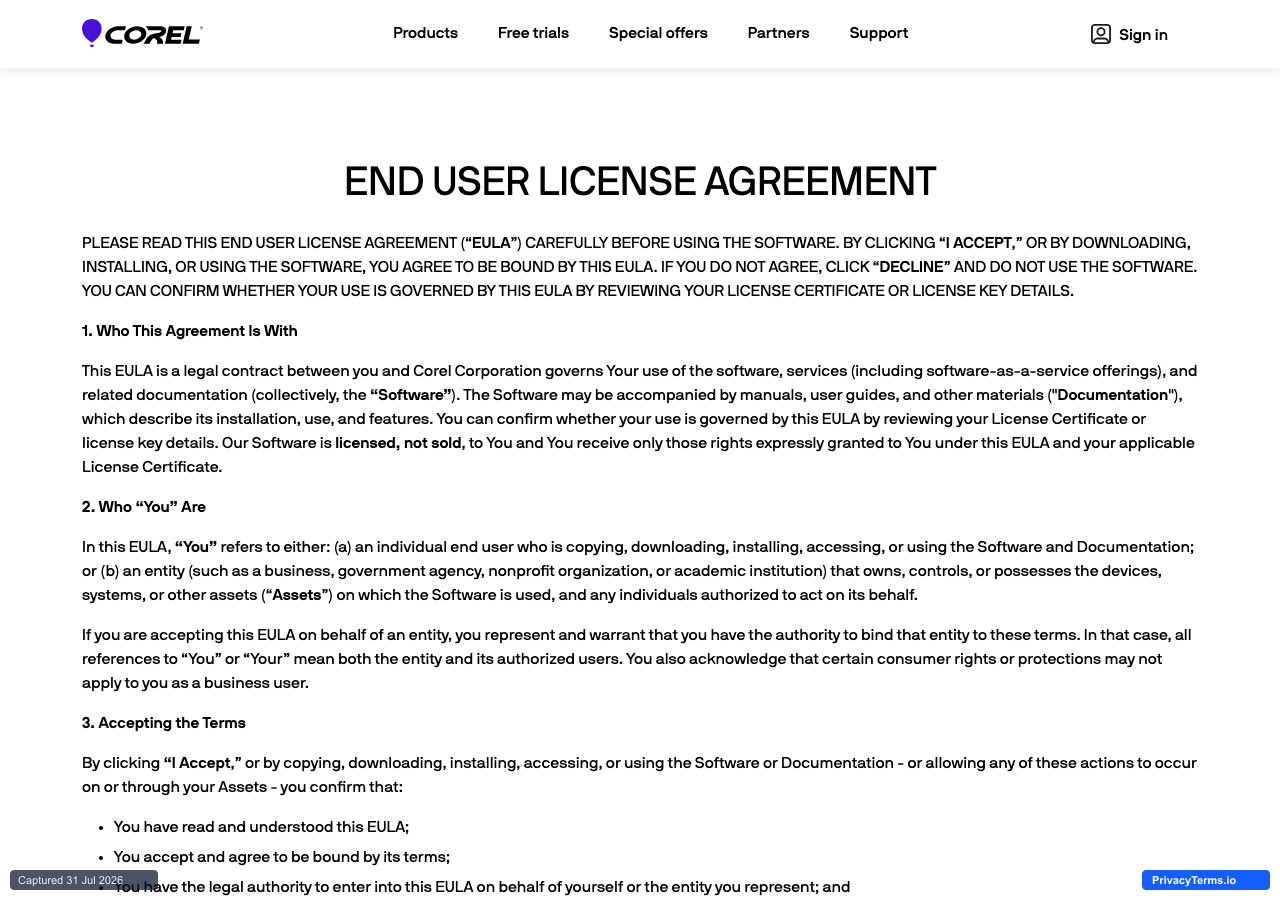 WinZip's EULA, part of Corel's shared agreement, showing the Who This Agreement Is With and Who You Are sections
