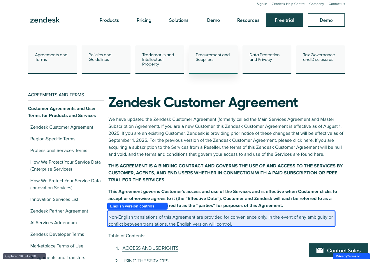 Zendesk Customer Agreement page showing its renamed title and English-controls translation clause