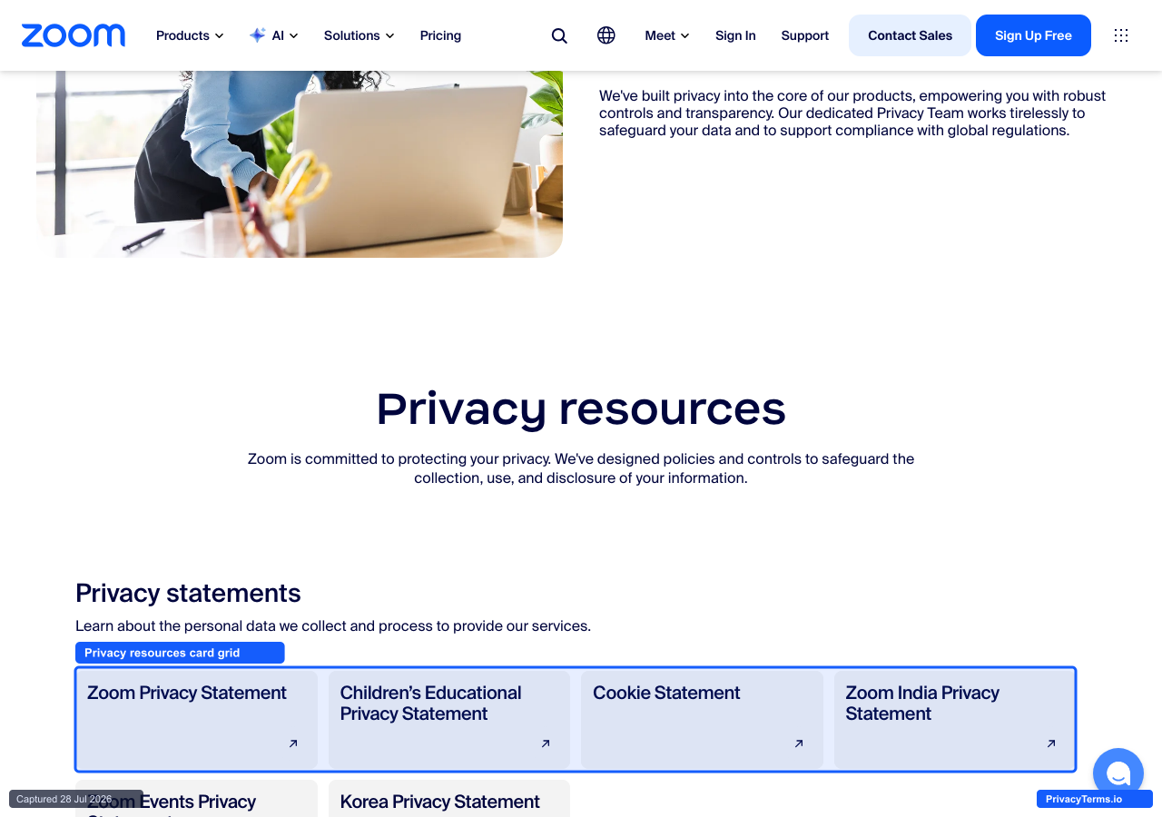 Zoom's Privacy resources card grid linking to separate statements by topic and region