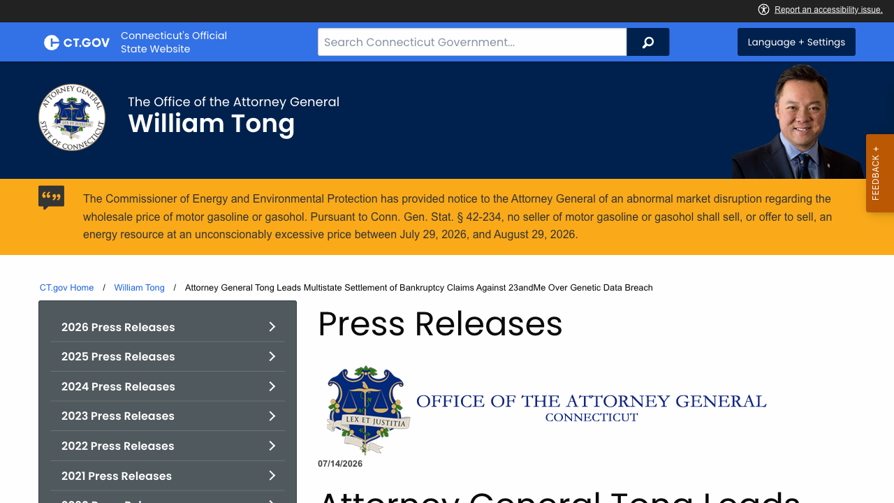 Connecticut Attorney General's press release announcing the 42-state settlement with 23andMe's bankruptcy trustee