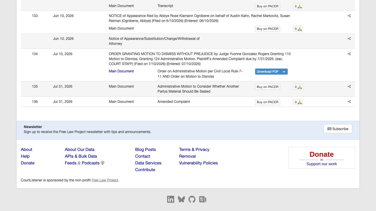 CourtListener docket entry for In re Blue Shield of California Privacy Litigation showing the July 10, 2026 order granting the motion to dismiss without prejudice, with the plaintiffs' amended complaint due July 31, 2026