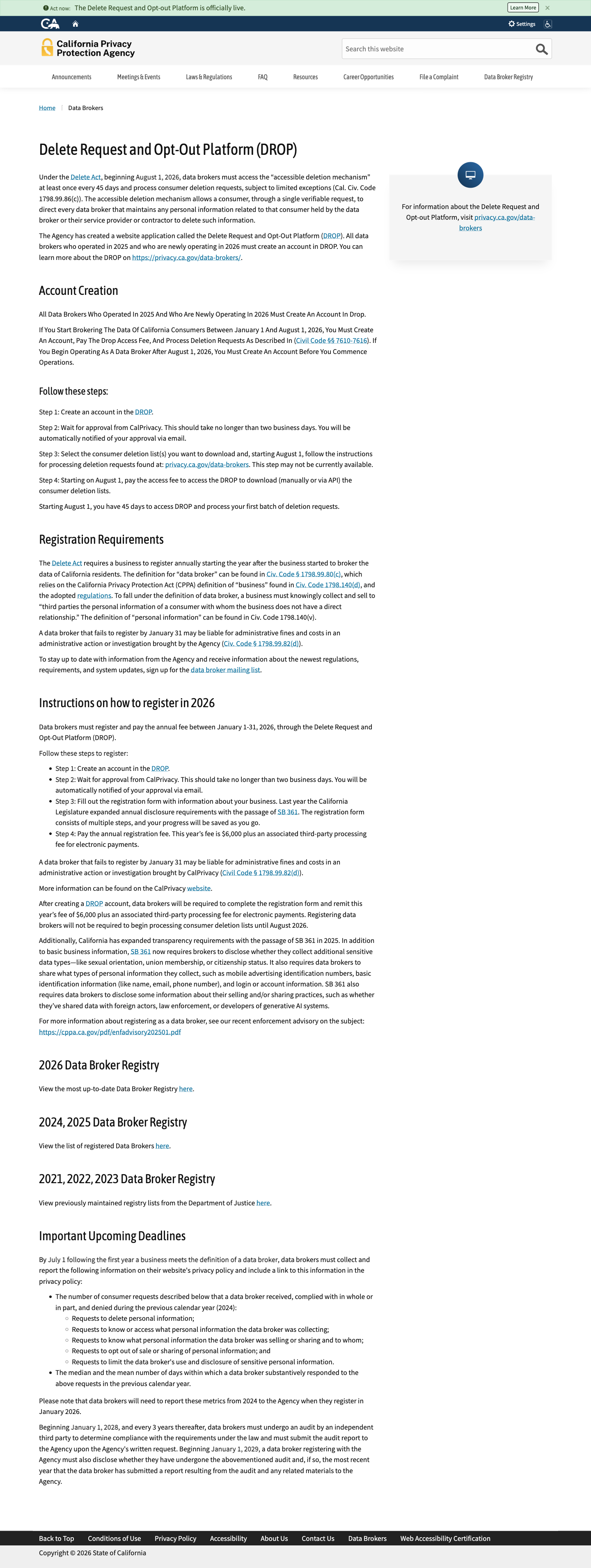 CPPA's Delete Request and Opt-Out Platform (DROP) page confirming the August 1, 2026 deadline and showing DROP is officially live