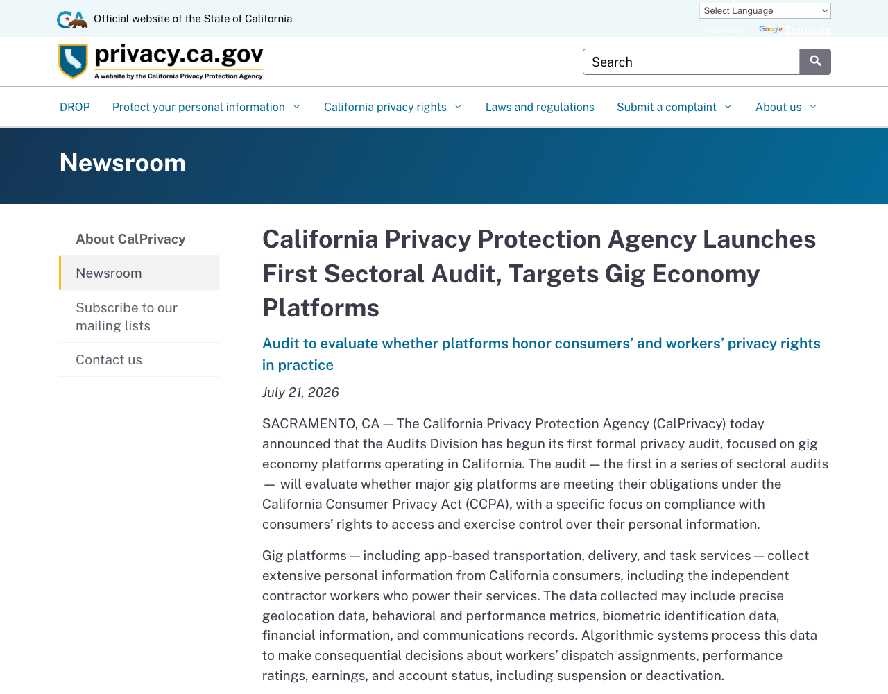 CalPrivacy newsroom announcement page for the July 21, 2026 launch of its first sectoral audit targeting gig economy platforms