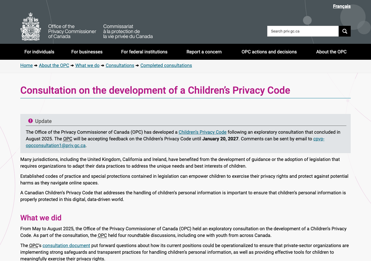OPC consultation page announcing the Children's Privacy Code and the January 20, 2027 feedback deadline