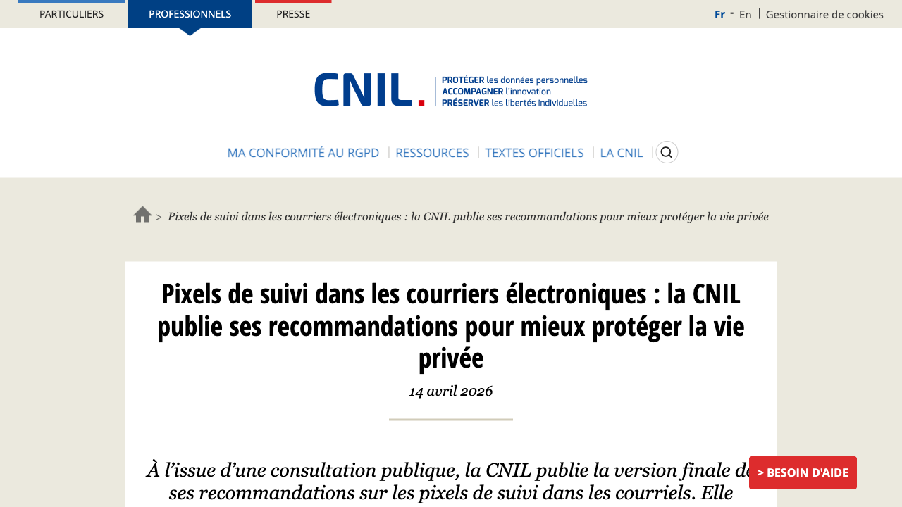 CNIL webpage announcing its final recommendation on tracking pixels in emails, published April 14, 2026