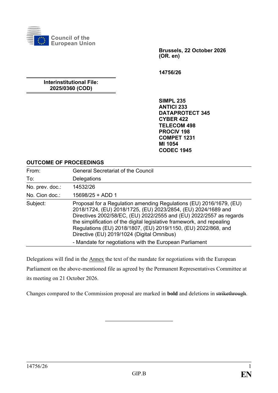 First page of Council of the EU document 14756/26, the Digital Omnibus mandate for negotiations with the European Parliament, dated 22 October 2026