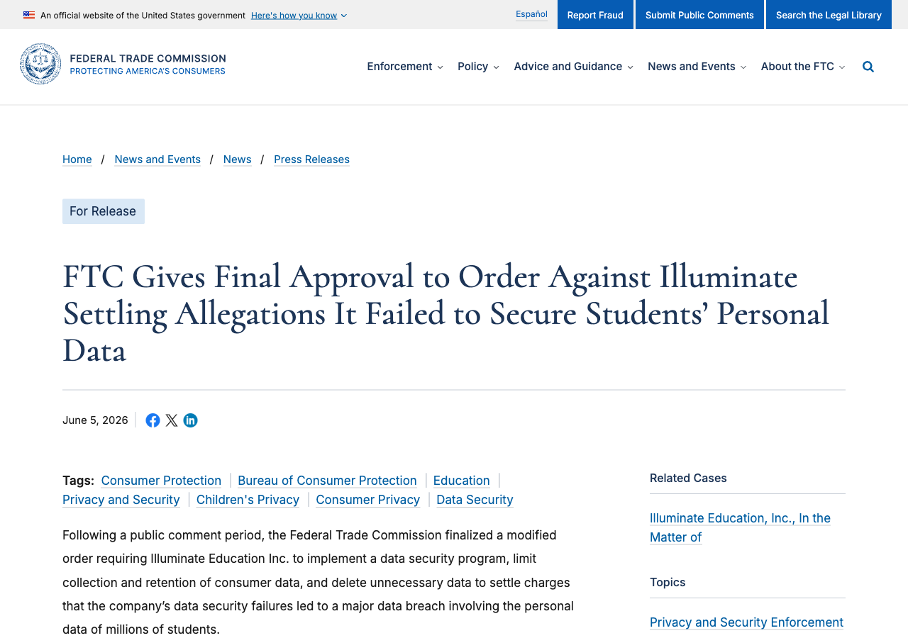 FTC press release announcing final approval of the modified order against Illuminate Education over the breach of 10.1 million students' personal data