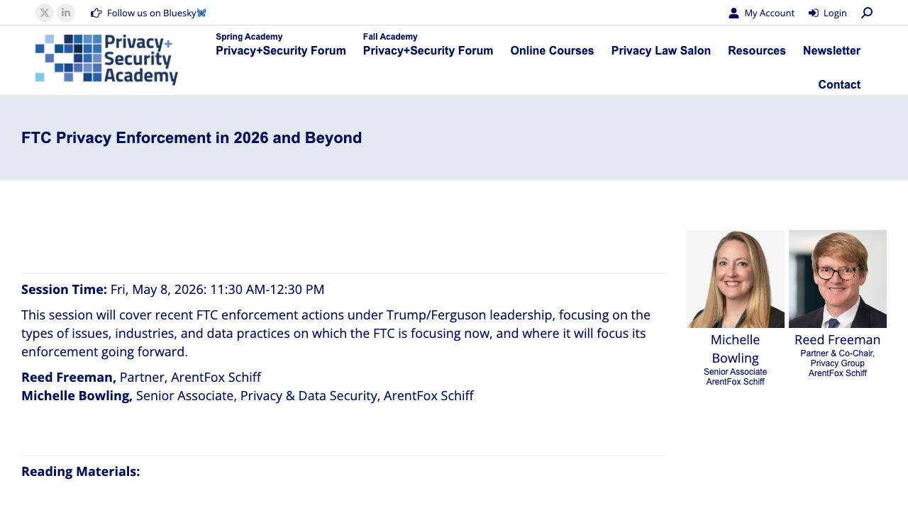 Privacy + Security Academy's session description for "FTC Privacy Enforcement in 2026 and Beyond," evidence that the enforcement trend has become its own conference topic