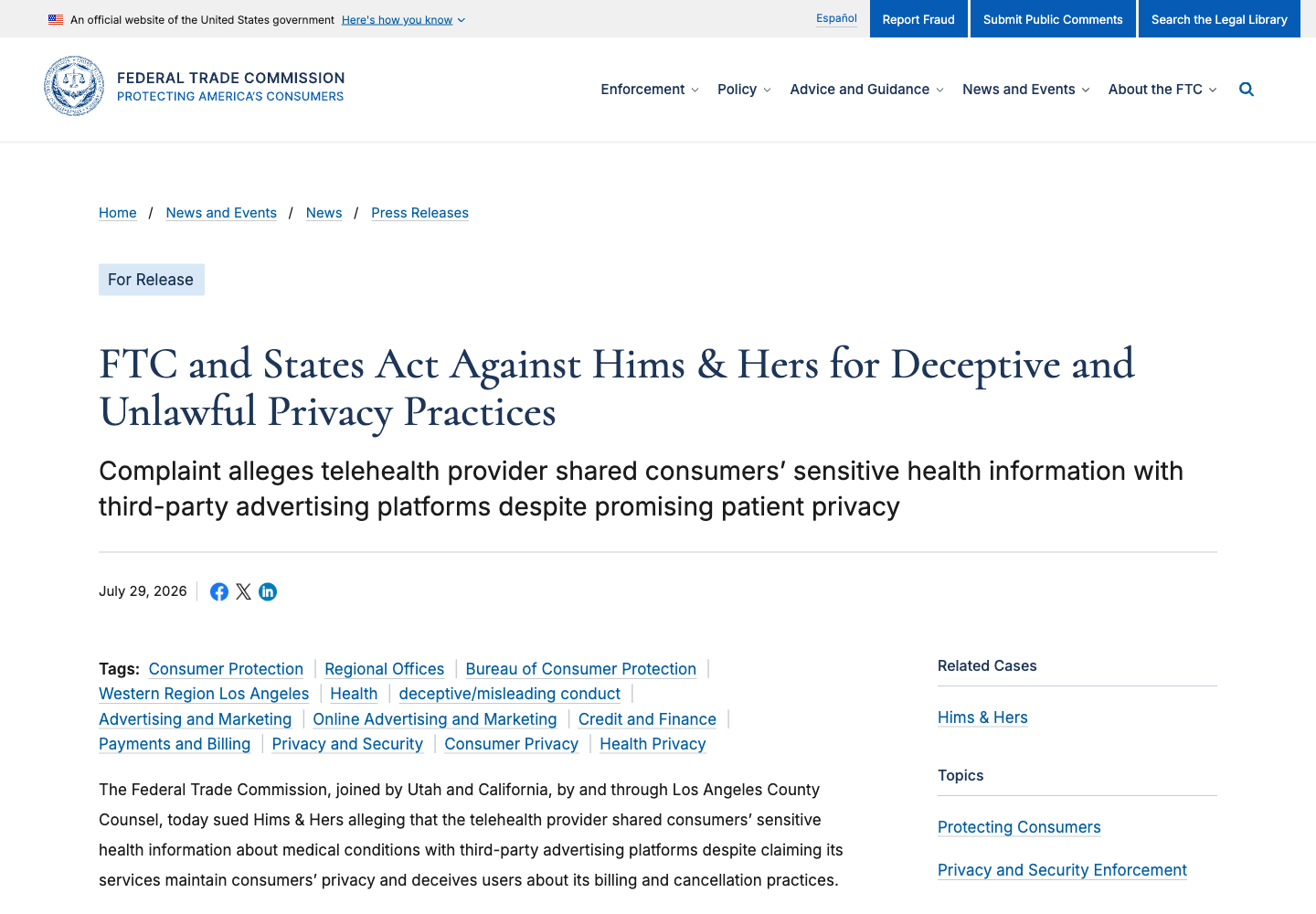 FTC press release announcing the joint complaint against Hims & Hers over health data sharing with Meta and Snap and deceptive billing practices