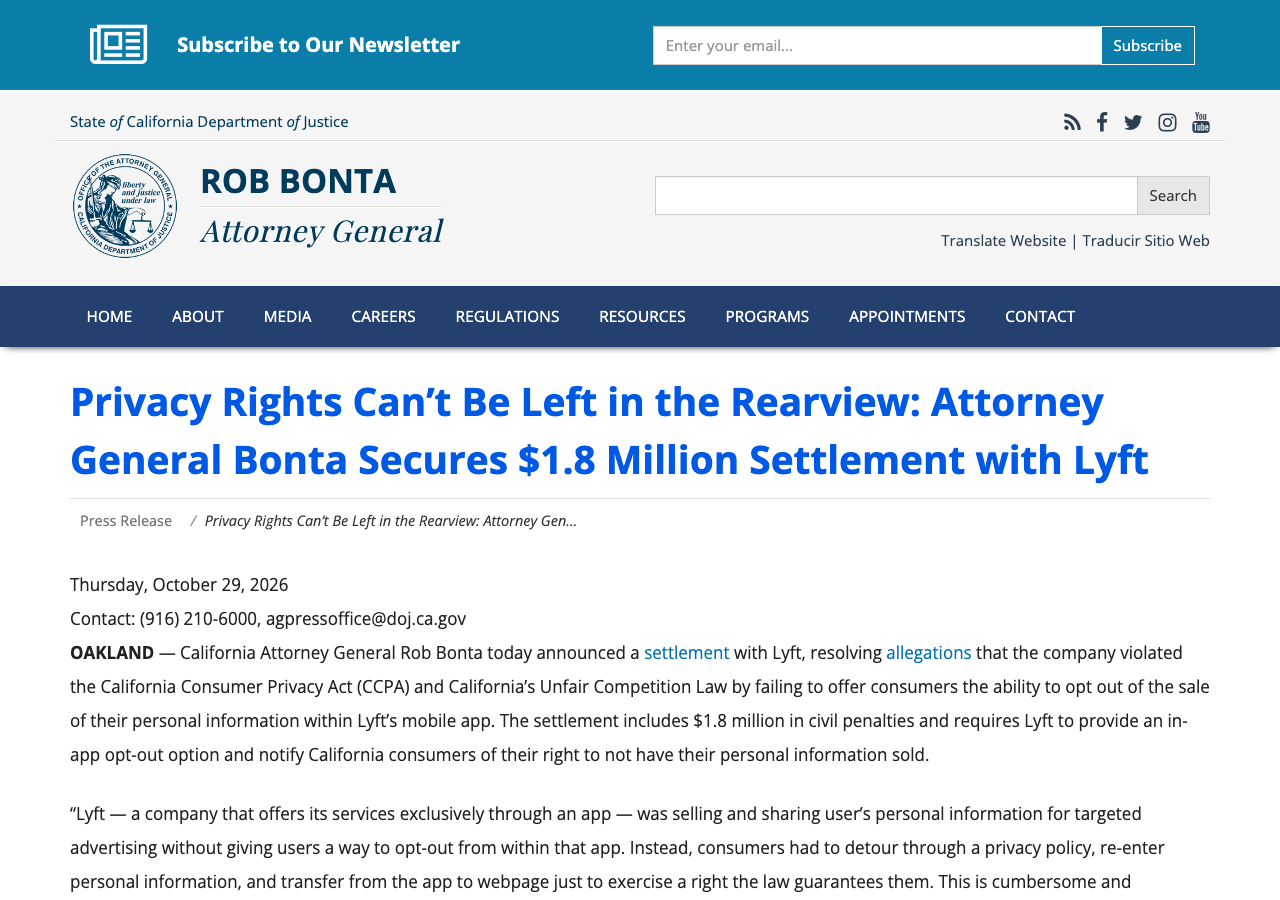 California Attorney General press release announcing the $1.8 million settlement with Lyft over the missing in-app opt-out