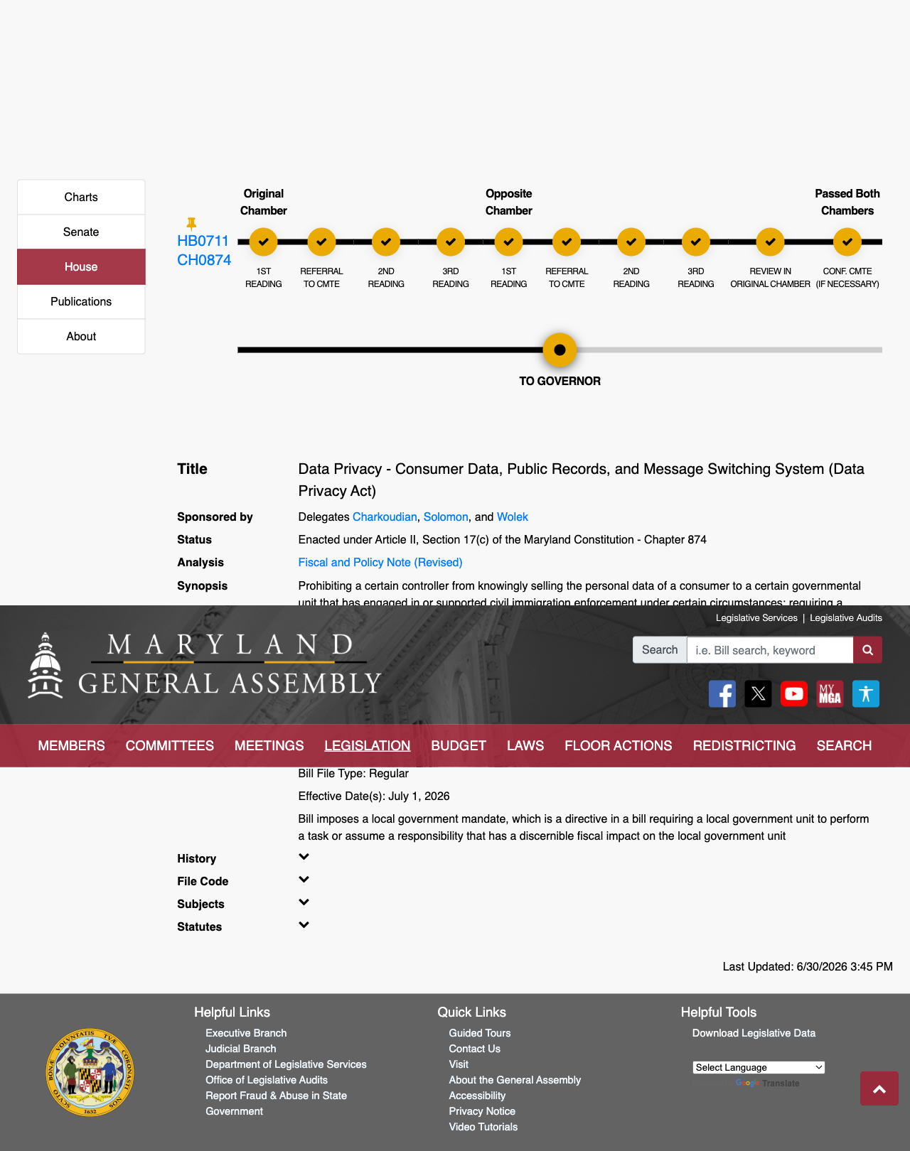 Maryland General Assembly bill page for HB 711, showing the bill enacted as Chapter 874 with a July 1, 2026 effective date