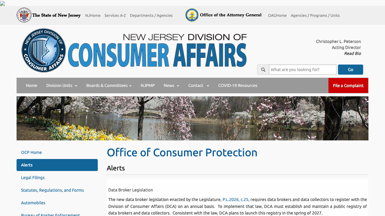 New Jersey Division of Consumer Affairs alerts page showing the Data Broker Legislation notice dated 07/10/26
