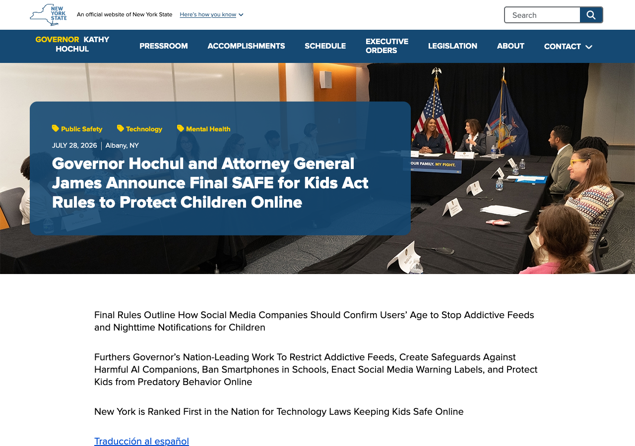 Governor Hochul and Attorney General James Announce Final SAFE for Kids Act Rules to Protect Children Online, press release dated July 28, 2026, Albany, NY