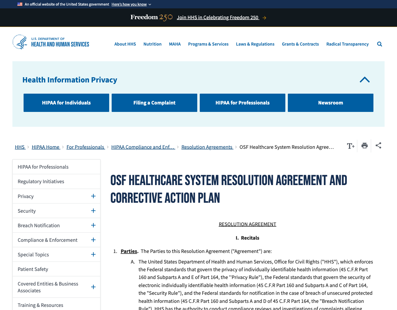 HHS.gov resolution agreement and corrective action plan page for OSF Healthcare System, showing the $552,250 payment term