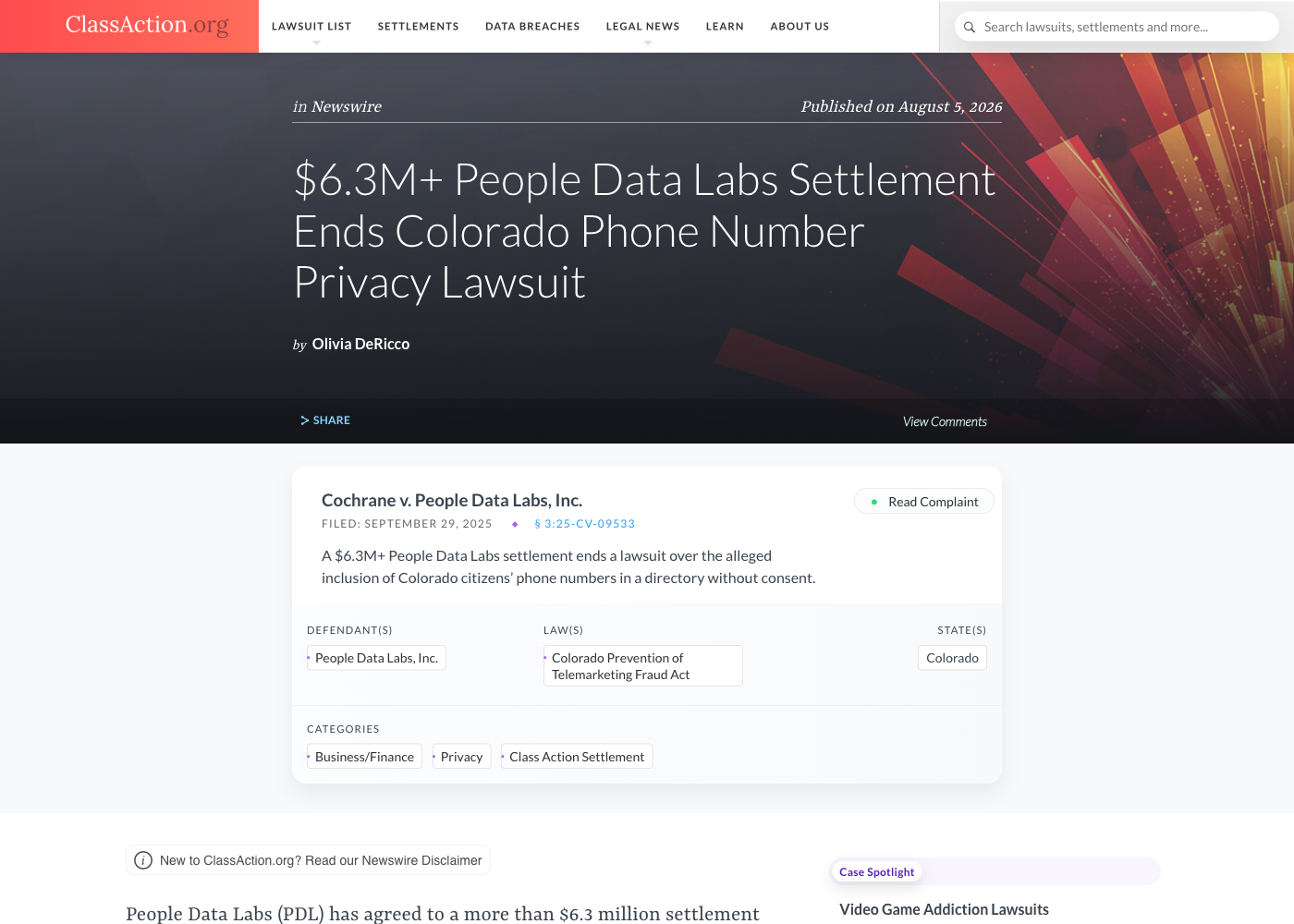 ClassAction.org's August 5, 2026 article on the $6.3 million People Data Labs settlement, showing the Cochrane v. People Data Labs case card with defendant, law, and state tags