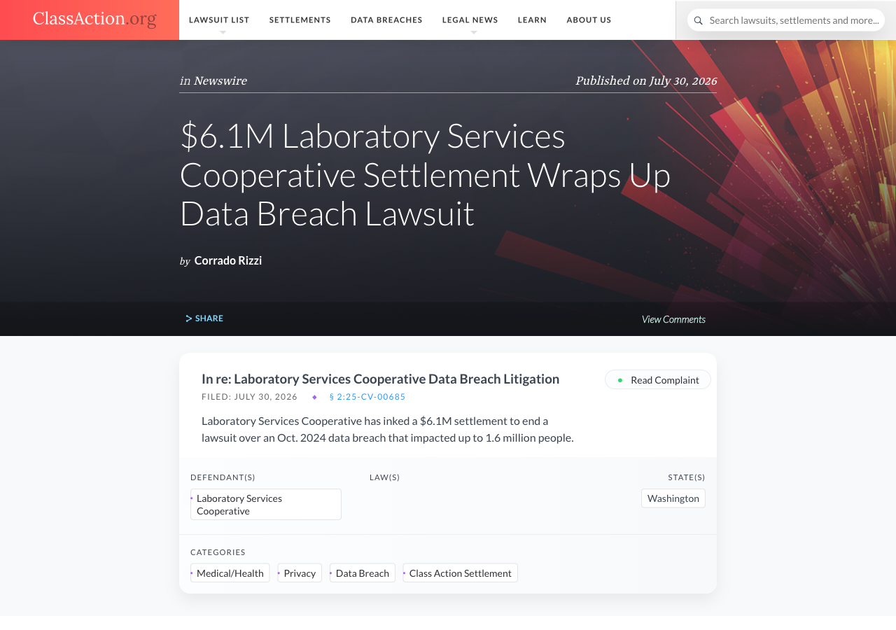 ClassAction.org article confirming the $6.1 million Laboratory Services Cooperative data breach settlement, case number 2:25-cv-00685, filed in Washington