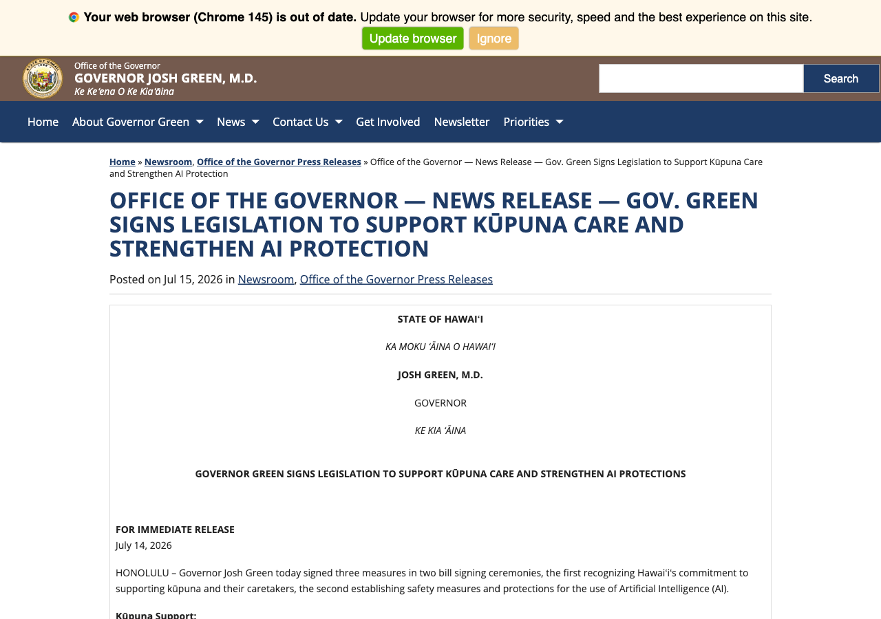 Official Hawaii Governor's Office press release dated July 14, 2026 announcing Governor Josh Green's signing of SB 3001 as Act 248, the Artificial Intelligence Disclosure and Safety Act