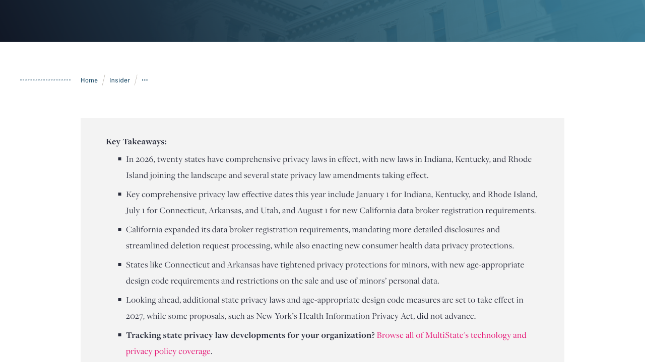 MultiState's key takeaways summary confirming July 1, 2026 effective dates for Connecticut, Arkansas, and Utah privacy law amendments