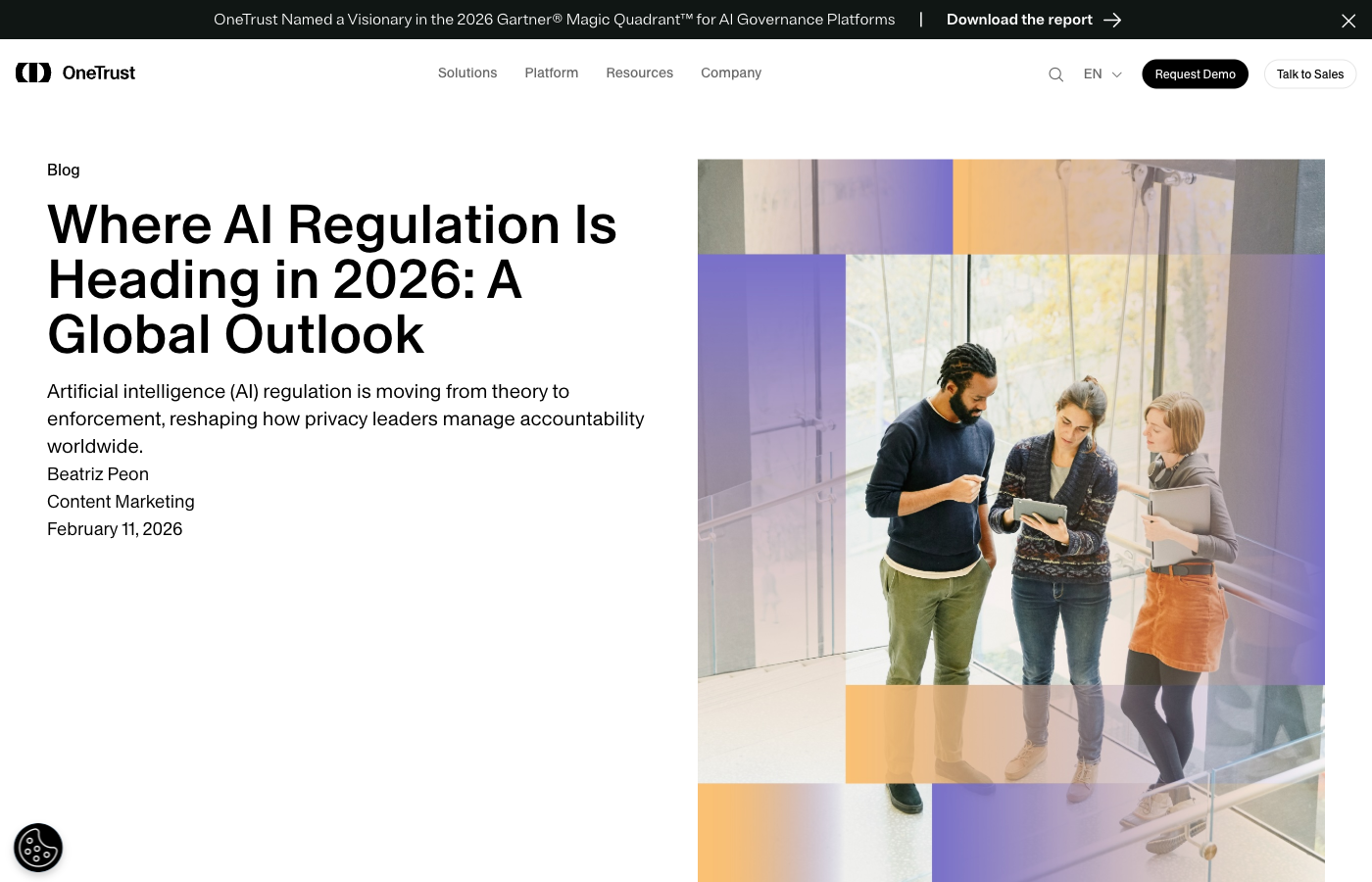 Screenshot of OneTrust's "Where AI Regulation Is Heading in 2026" blog post, showing the United States section covering Texas RAIGA, California's AI Transparency Act, and Colorado's AI Act