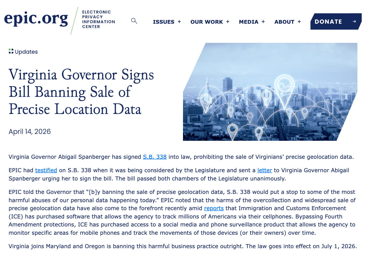 EPIC's April 14, 2026 article announcing that Virginia's governor signed S.B. 338 banning the sale of precise location data