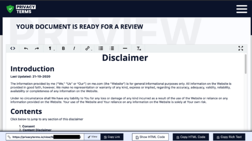 privacyterms.io disclaimer generator review screen
