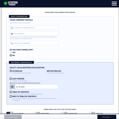 privacyterms.io disclaimer generator basic information section
