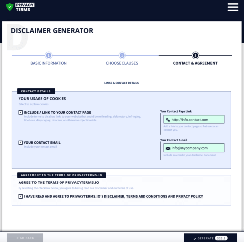 privacyterms.io disclaimer generator contact details and agreement