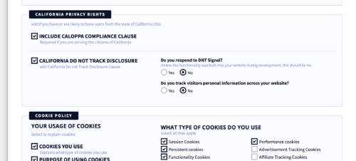 privacyterms.io privacy policy generator CalOPPA and Cookie Policy section
