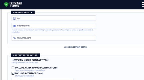 privacyterms.io privacy policy generator Company Details section
