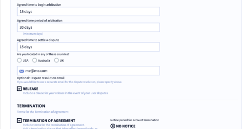 privacyterms.io terms and conditions generator dispute resolution and termination section
