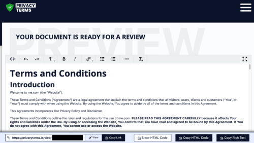 privacyterms.io terms and conditions generator review page