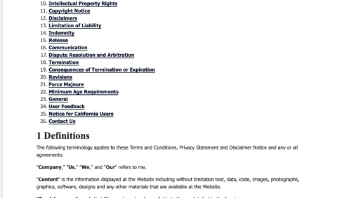 privacyterms.io terms and conditions generator example of contents section